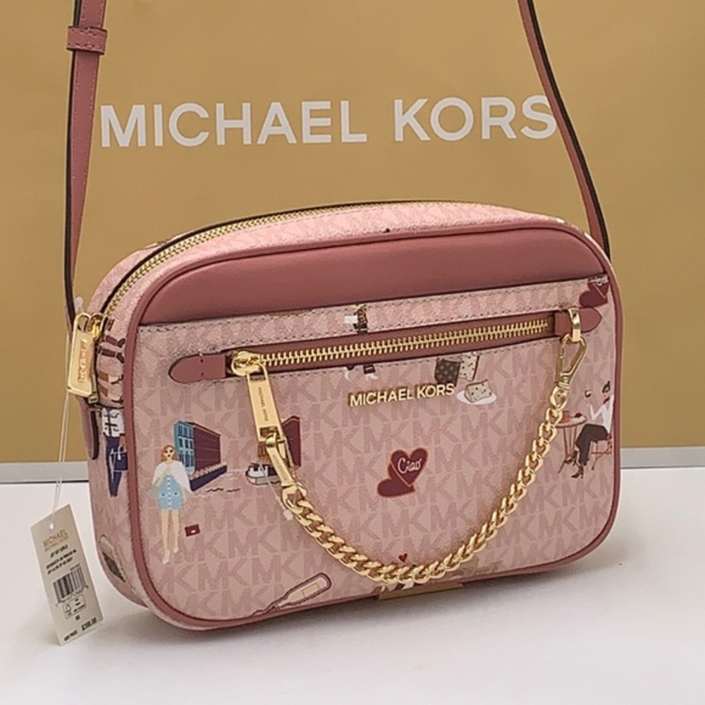 MICHAEL KORS JET SET GIRLS LARGE EAST WEST ZIP PACKED CHAIN XBODY DK POWDER BLUS